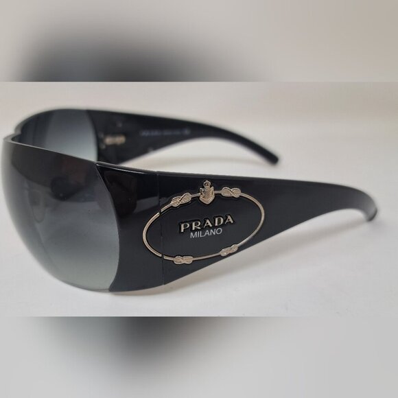 Prada Sunglasses Shield Rimless Oversized Wrap Tinted Black Logo Y2K SPR 16H - Picture 16 of 16